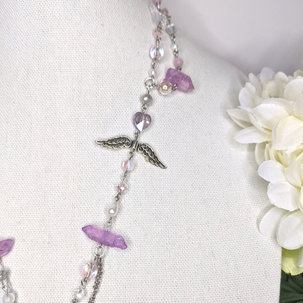 Necklace with pearls purple and pink crystal beads and chain Handmade by me. - Picture 7 of 7